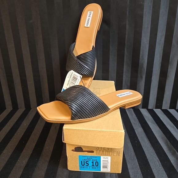Women's US 10 Steve Madden Limitt Slip On Sandals Black Tan Footbed - Picture 1 of 10